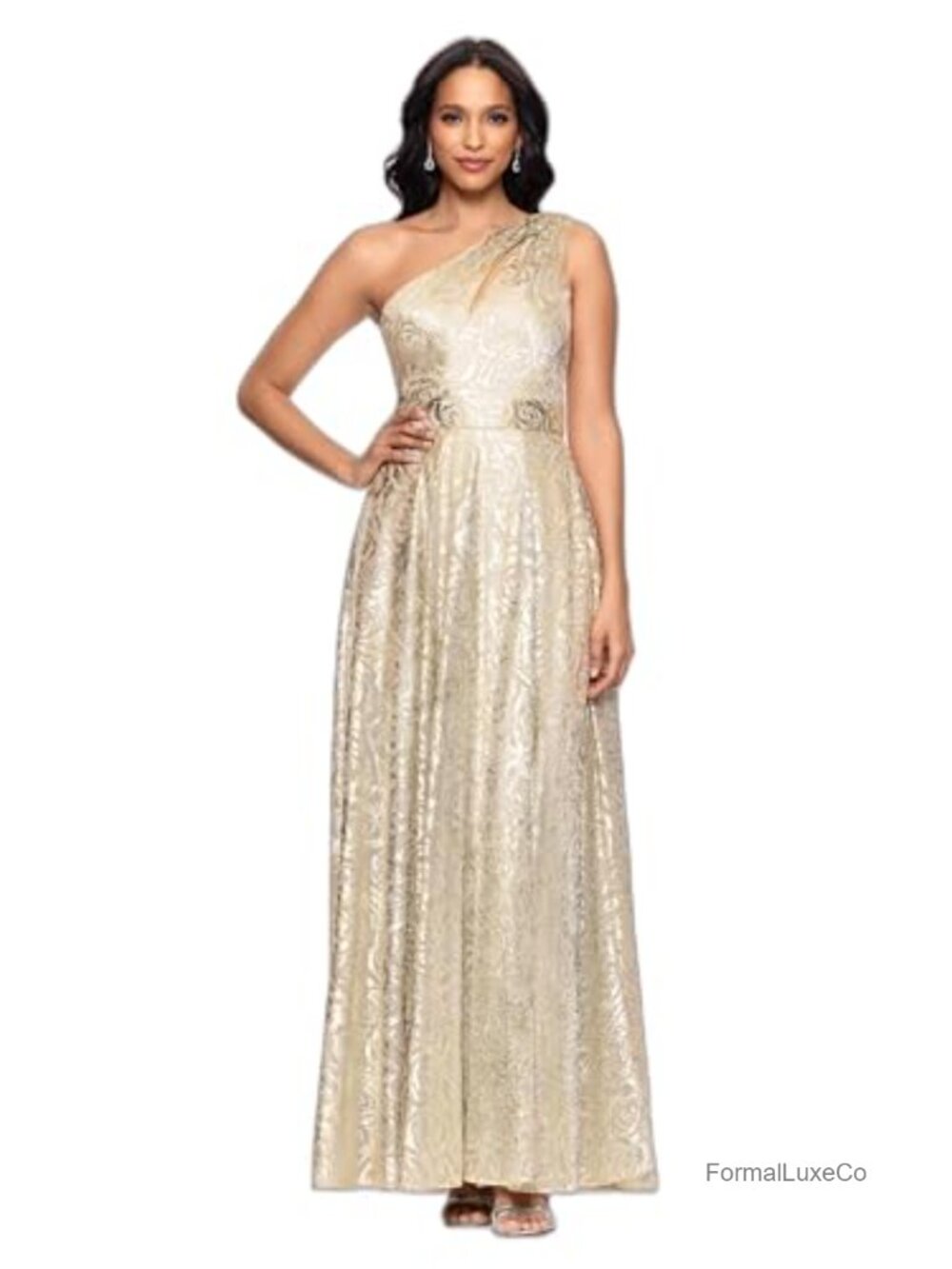 Foil Print One Shoulder Flowy Skirt Formal Dress Built-in Bra Novelty Fabric